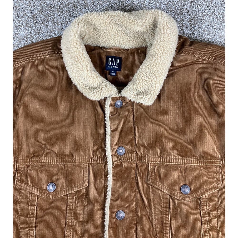 GAP Mens XXL Brown Corduroy Sherpa Lined Trucker Jacket Tan Pockets Insulated - Picture 2 of 11